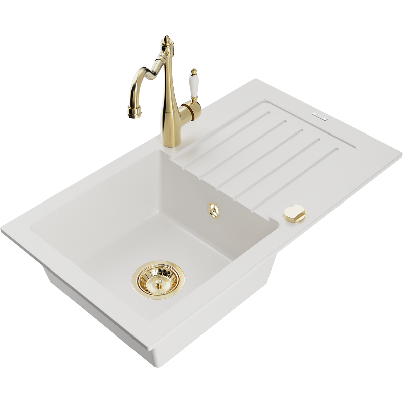 Mexen Pablo granite sink 1-bowl with drainer and Carla kitchen tap, white - 6510-20-670700-50