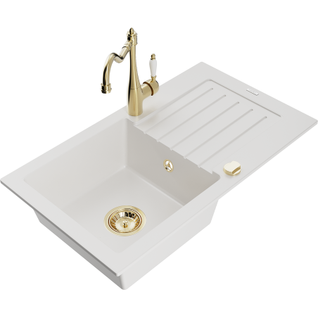 Mexen Pablo 1-bowl granite sink with drainer and Carla kitchen faucet, white - 6510-20-670700-50