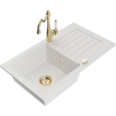 Mexen Pablo granite sink 1-bowl with drainer and Carla kitchen tap, white - 6510-20-670700-50