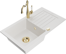 Mexen Pablo 1-compartment granite sink with a drip tray and kitchen mixer tap Carla, White - 6510-20-670700-50