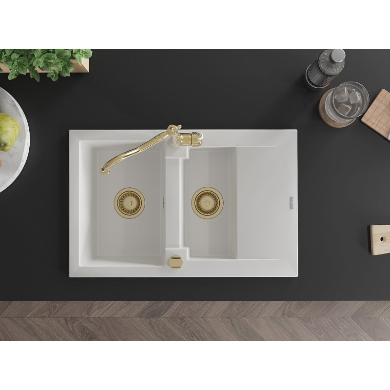 Mexen Pablo 1-bowl granite sink with drainer and Carla kitchen faucet, white - 6510-20-670700-50