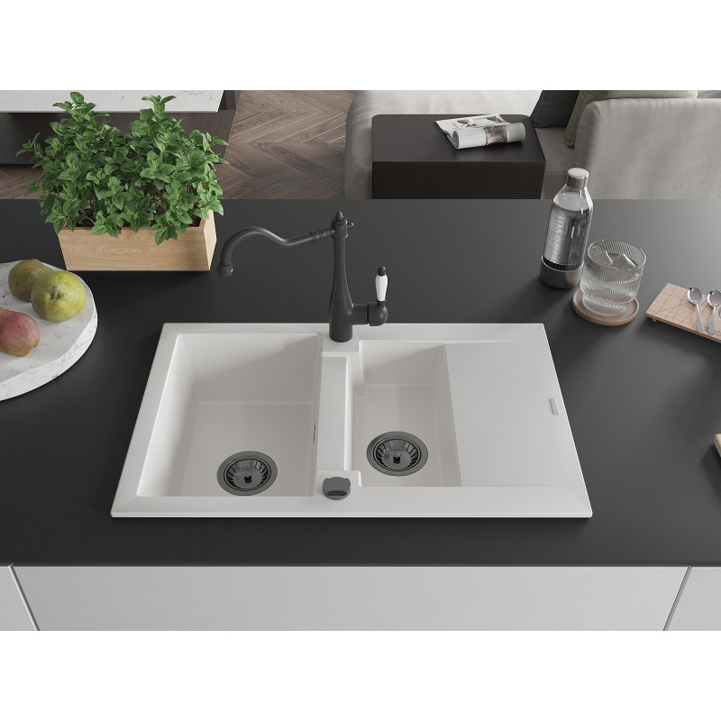 Mexen Pablo 1-bowl granite sink with drainer and Carla kitchen faucet, white - 6510-20-670700-70