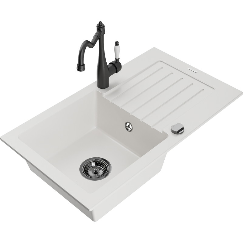 Mexen Pablo 1-bowl granite sink with drainer and Carla kitchen faucet, white - 6510-20-670700-70
