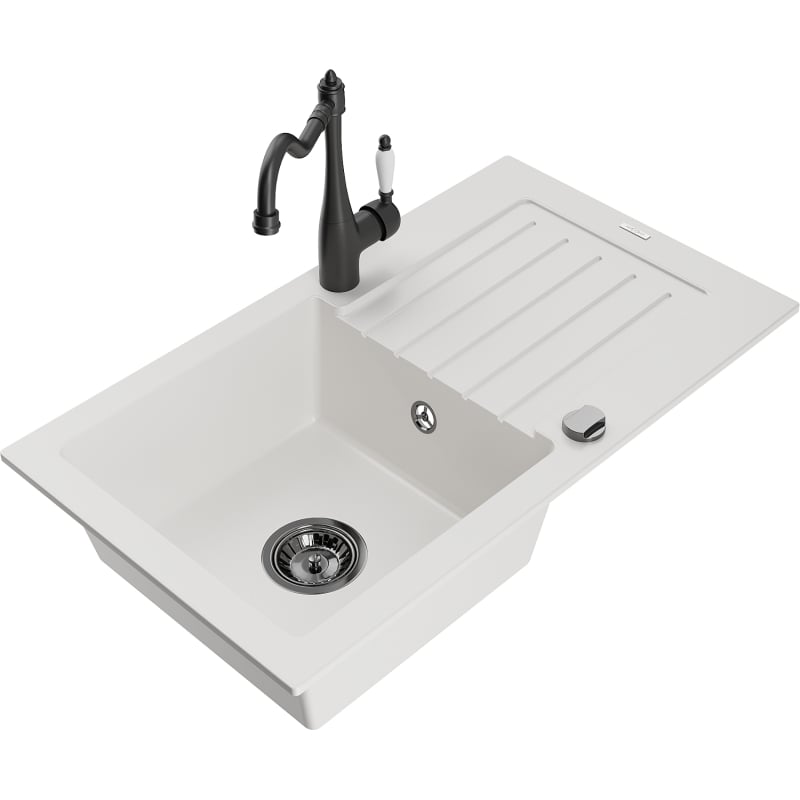 Mexen Pablo single-bowl granite sink with drainer and Carla kitchen faucet, white - 6510-20-670700-70
