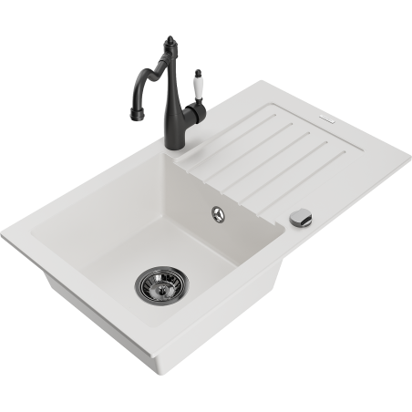 Mexen Pablo 1-bowl granite sink with drainer and Carla kitchen faucet, white - 6510-20-670700-70