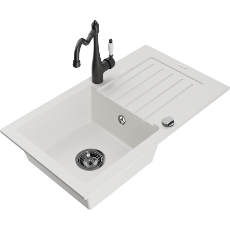 Mexen Pablo single-bowl granite sink with drainer and Carla kitchen faucet, white - 6510-20-670700-70