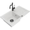 Mexen Pablo 1-bowl granite sink with drainer and Carla kitchen faucet, white - 6510-20-670700-70