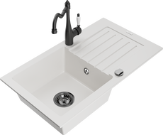 Mexen Pablo 1-bowl granite sink with drainer and Carla kitchen faucet, white - 6510-20-670700-70