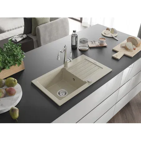 Mexen Pablo 1-bowl granite sink with drainer and Carla kitchen tap, beige - 6510-69-670700-00