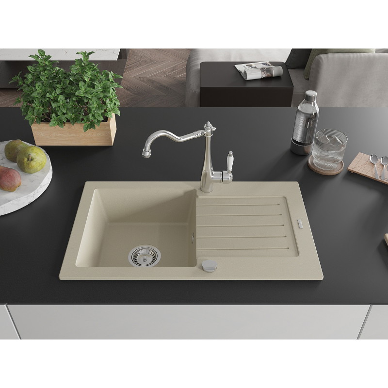 Mexen Pablo granite kitchen sink 1-bowl with drainer and Carla kitchen faucet, beige - 6510-69-670700-00
