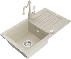Mexen Pablo 1-compartment granite sink with a drip tray and kitchen mixer tap Carla, Beige - 6510-69-670700-00