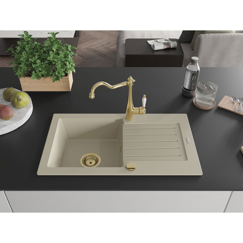 Mexen Pablo 1-bowl granite kitchen sink with drainer and Carla tap, beige - 6510-69-670700-50