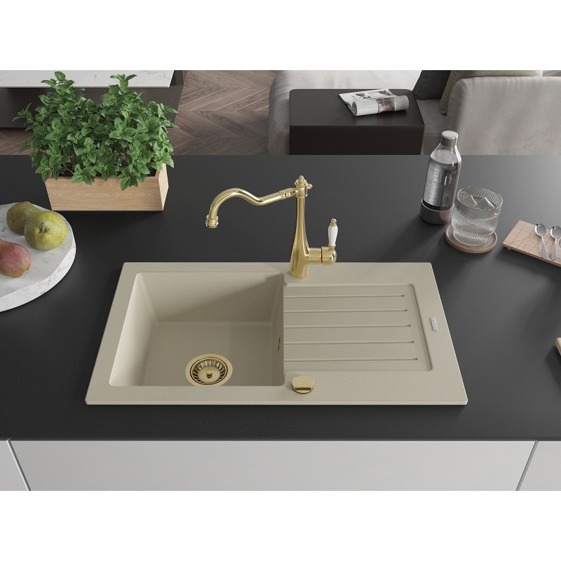 Mexen Pablo granite sink 1-bowl with drainer and Carla kitchen faucet, beige - 6510-69-670700-50