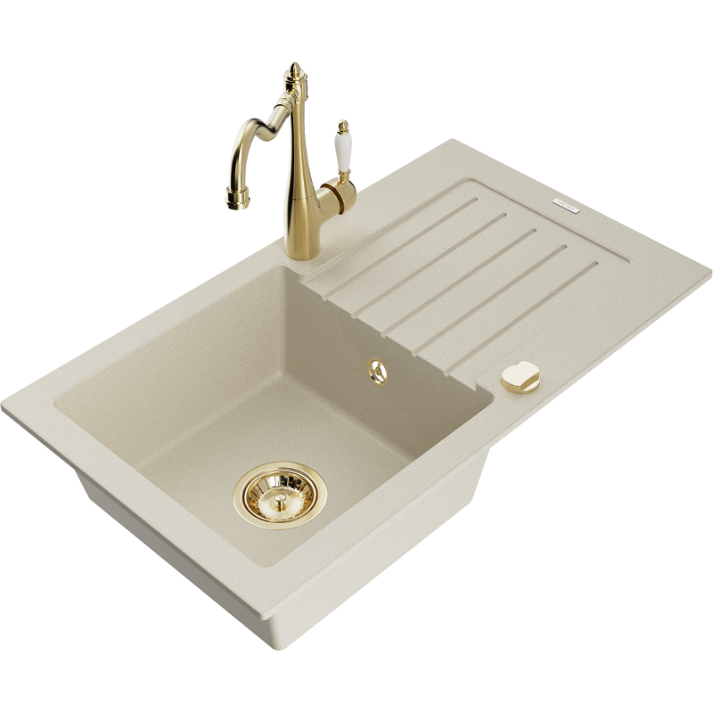 Mexen Pablo 1-bowl granite kitchen sink with drainer and Carla tap, beige - 6510-69-670700-50