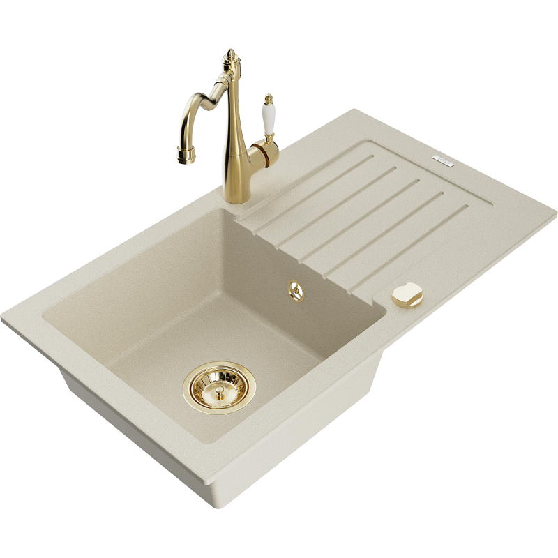 Mexen Pablo 1-compartment granite sink with a drip tray and kitchen mixer tap Carla, Beige - 6510-69-670700-50