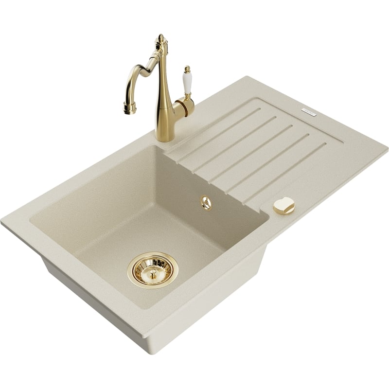 Mexen Pablo granite sink 1-bowl with drainer and Carla kitchen faucet, beige - 6510-69-670700-50