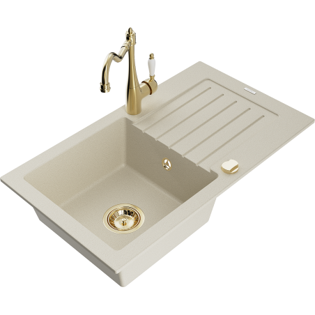 Mexen Pablo 1-bowl granite kitchen sink with drainer and Carla tap, beige - 6510-69-670700-50