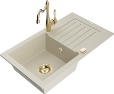Mexen Pablo 1-compartment granite sink with a drip tray and kitchen mixer tap Carla, Beige - 6510-69-670700-50