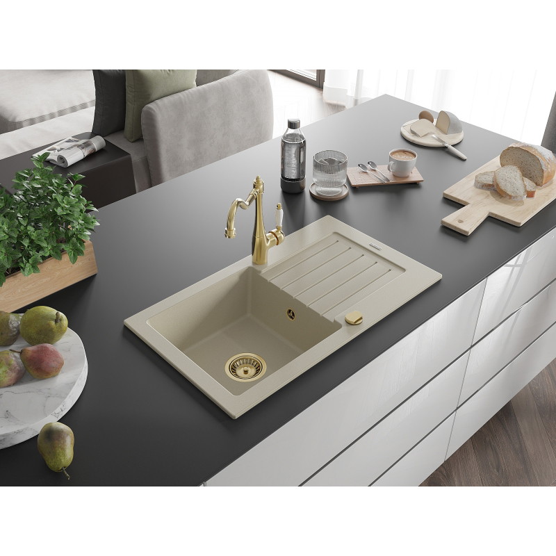 Mexen Pablo 1-bowl granite sink with drainer and kitchen faucet Carla, beige - 6510-69-670700-50