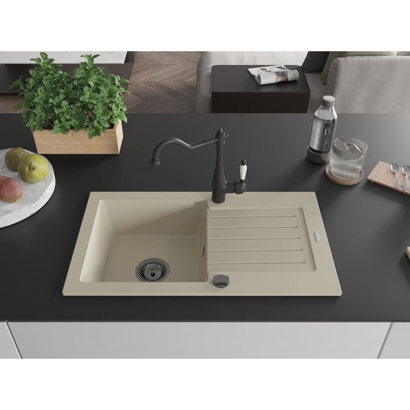 Mexen Pablo granite kitchen sink 1-bowl with drainer and Carla tap, beige - 6510-69-670700-70