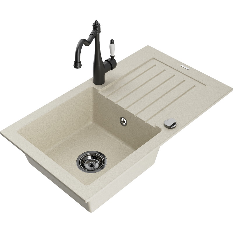 Mexen Pablo granite sink 1-bowl with drainer and kitchen faucet Carla, beige - 6510-69-670700-70