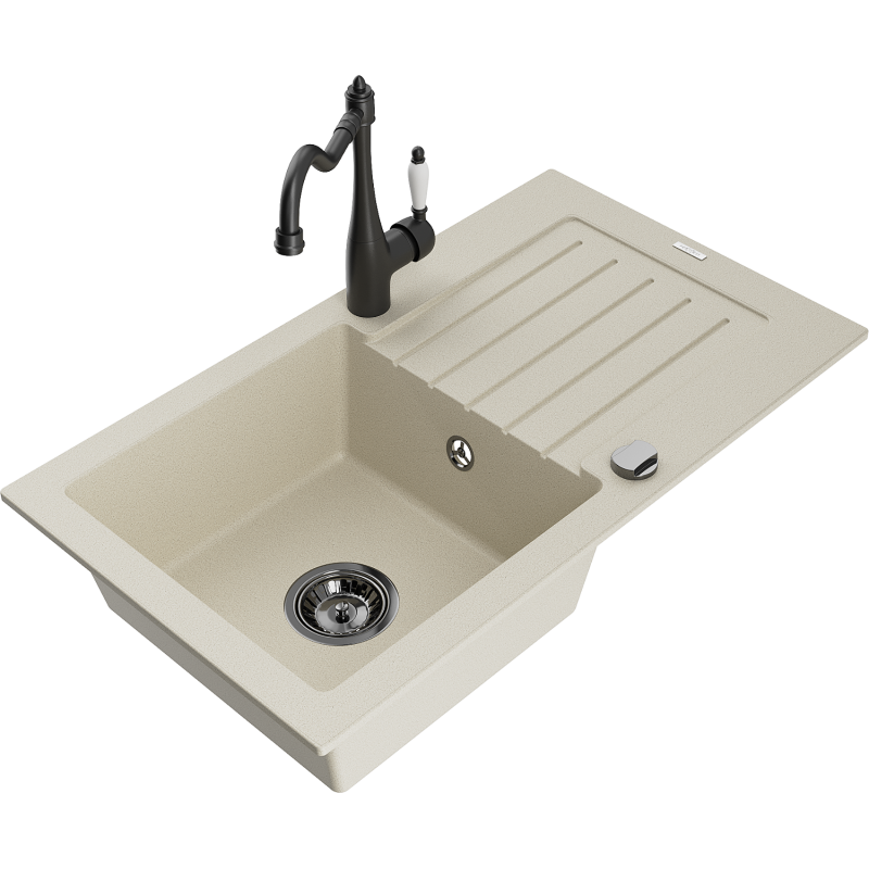 Mexen Pablo single-bowl granite sink with drainer and Carla kitchen tap, beige - 6510-69-670700-70