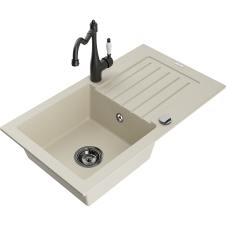 Mexen Pablo granite kitchen sink 1-bowl with drainer and Carla tap, beige - 6510-69-670700-70