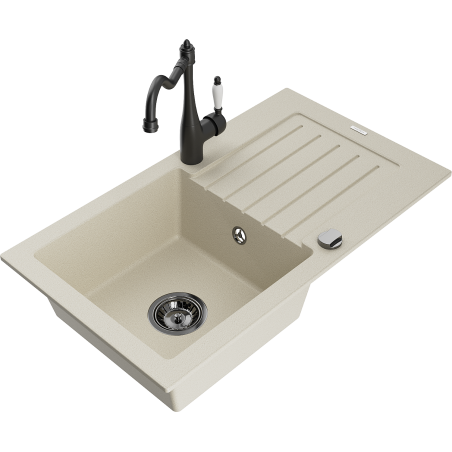 Mexen Pablo granite sink 1-bowl with drainer and kitchen faucet Carla, beige - 6510-69-670700-70