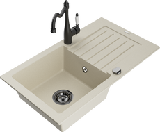 Mexen Pablo 1-compartment granite sink with a drip tray and kitchen mixer tap Carla, Beige - 6510-69-670700-70
