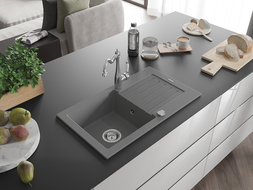 Mexen Pablo 1-compartment granite sink with a drip tray and kitchen mixer tap Carla, Grey - 6510-71-670700-00