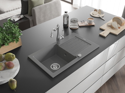 Mexen Pablo granite kitchen sink 1-bowl with drainer and Carla kitchen faucet, gray - 6510-71-670700-00