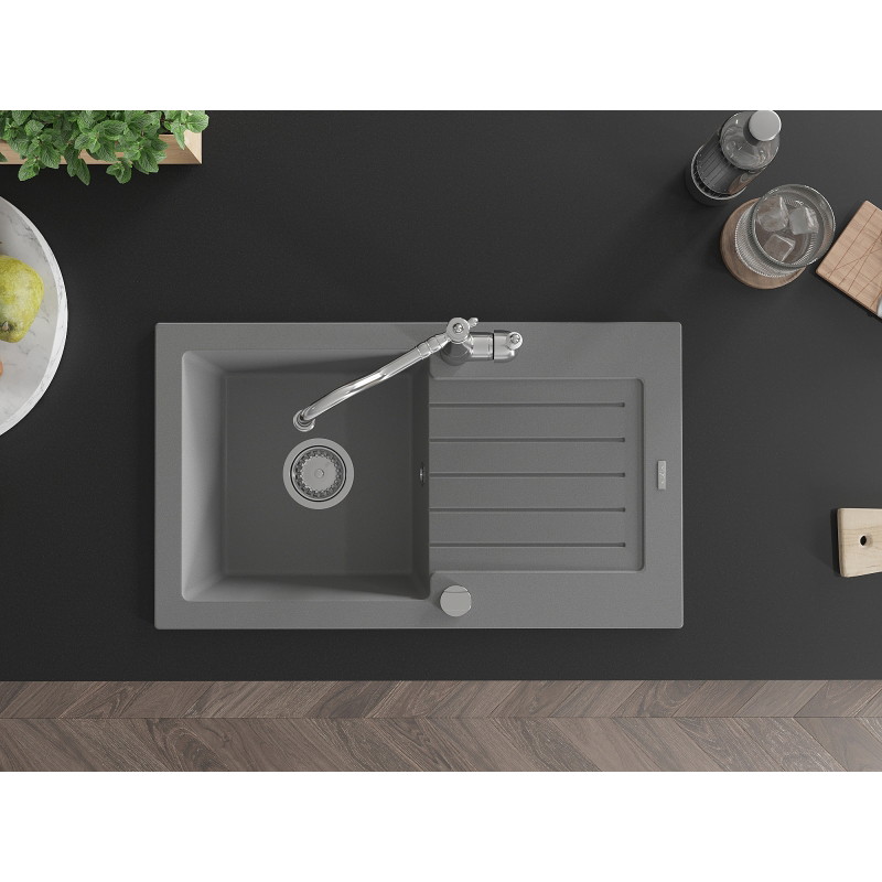 Mexen Pablo granite kitchen sink 1-bowl with drainer and Carla kitchen faucet, gray - 6510-71-670700-00
