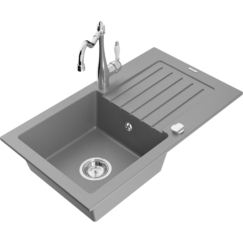 Mexen Pablo 1-Bowl Granite Sink with Drainer and Carla Kitchen Faucet, Gray - 6510-71-670700-00