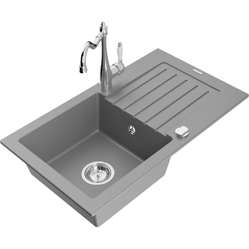 Mexen Pablo granite sink 1-bowl with drainer and Carla kitchen tap, grey - 6510-71-670700-00