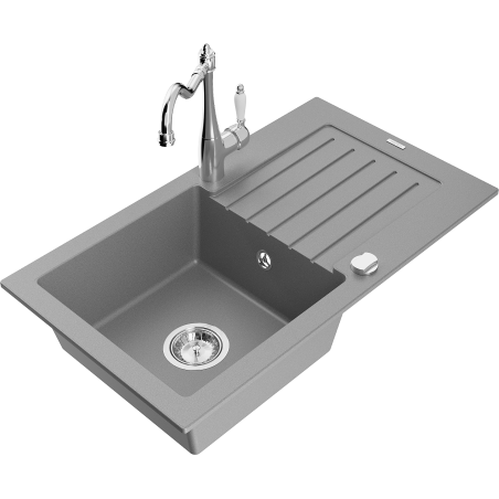 Mexen Pablo granite kitchen sink 1-bowl with drainer and Carla kitchen faucet, gray - 6510-71-670700-00