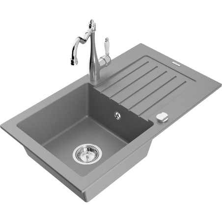 Mexen Pablo granite sink 1-bowl with drainer and Carla kitchen tap, grey - 6510-71-670700-00