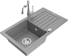 Mexen Pablo granite kitchen sink 1-bowl with drainer and Carla kitchen faucet, gray - 6510-71-670700-00