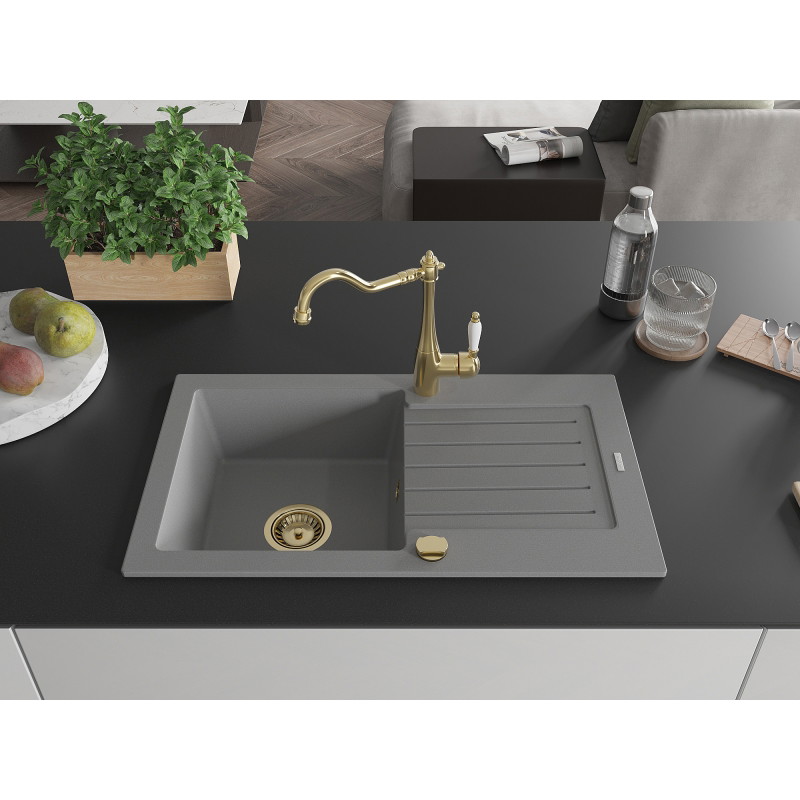 Mexen Pablo granite kitchen sink 1-bowl with drainer and Carla faucet, gray - 6510-71-670700-50
