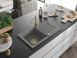 Mexen Pablo 1-compartment granite sink with a drip tray and kitchen mixer tap Carla, Grey - 6510-71-670700-50