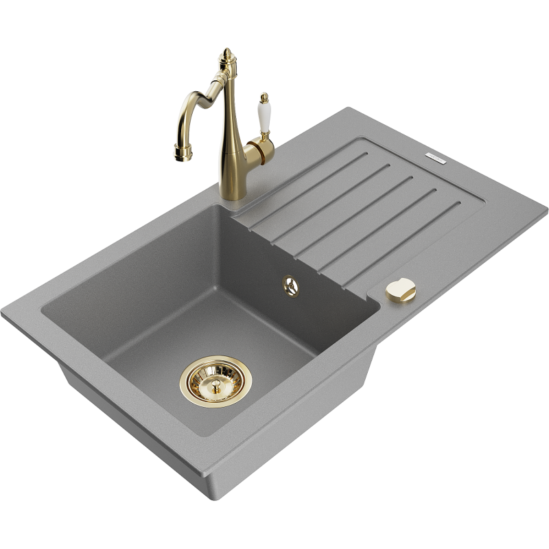Mexen Pablo 1-bowl granite sink with drainer and Carla kitchen tap, grey - 6510-71-670700-50