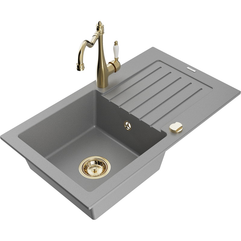 Mexen Pablo granite sink 1-bowl with drainer and kitchen faucet Carla, gray - 6510-71-670700-50
