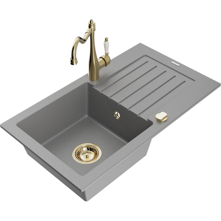 Mexen Pablo granite sink 1-bowl with drainer and kitchen faucet Carla, gray - 6510-71-670700-50