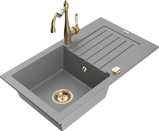 Mexen Pablo granite sink 1-bowl with drainer and kitchen faucet Carla, gray - 6510-71-670700-50