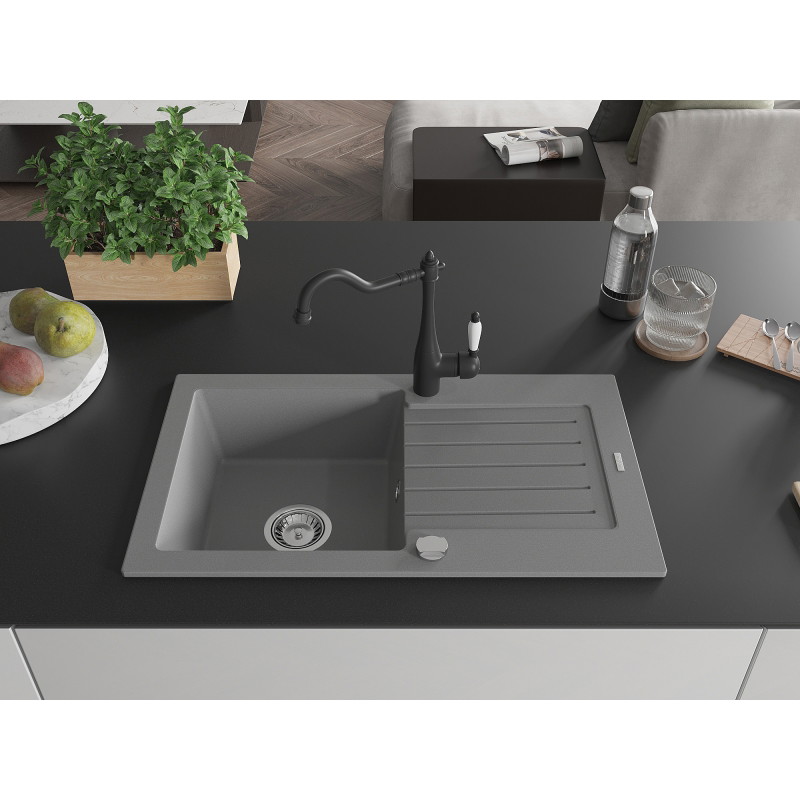 Mexen Pablo granite kitchen sink single-bowl with drainer and Carla faucet, gray - 6510-71-670700-70