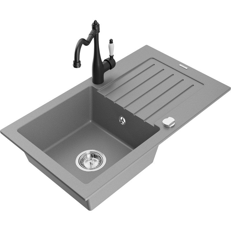 Mexen Pablo granite kitchen sink 1-basin with drainer and kitchen faucet Carla, gray - 6510-71-670700-70