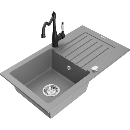 Mexen Pablo granite kitchen sink 1-basin with drainer and kitchen faucet Carla, gray - 6510-71-670700-70