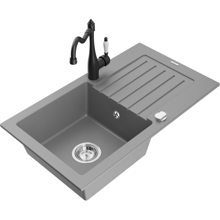 Mexen Pablo granite kitchen sink 1-bowl with drainer and Carla kitchen tap, grey - 6510-71-670700-70