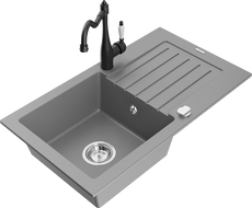 Mexen Pablo granite kitchen sink 1-basin with drainer and kitchen faucet Carla, gray - 6510-71-670700-70