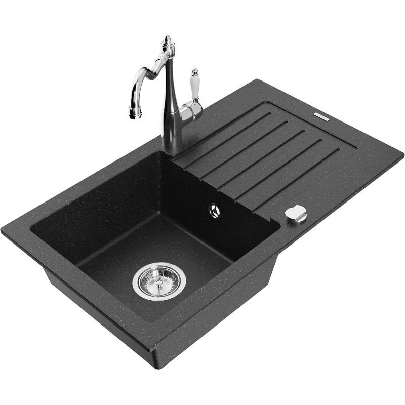 Mexen Pablo 1-bowl granite sink with drainer and Carla kitchen tap, black/silver metallic - 6510-73-670700-00