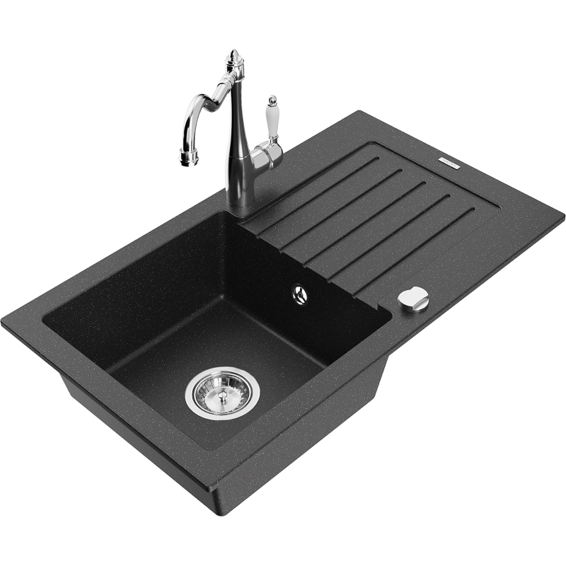 Mexen Pablo 1-compartment granite sink with a drip tray and kitchen mixer tap Carla, Black/Silver metallic - 6510-73-670700-00